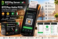 Immagine promozionale BTCPay Italia POS con terminale Bitcoin e Lightning, QR code e stampante integrata.
